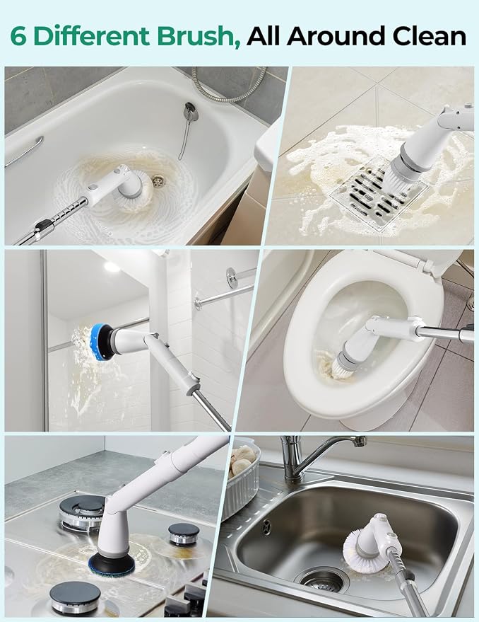 kHelfer Electric Spin Scrubber Kh8, Upgrade Cordless Shower Scrubber 8 Replacement Head, 1.5H Bathroom Scrubber Dual Speed, Shower Cleaning Brush with Extension Arm for Bathtub Tile Floor