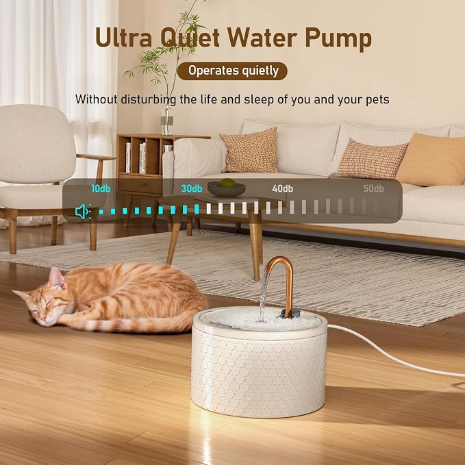 DOOOB Ceramic Cat Water Fountain, 2.1L/71oz Cat Fountain, Automatic Ceramic Water Fountain for Cats, Pet Water Fountain with Ultra-Quiet Pump and 3 Filters & 3 Sponges (Honeycomb Embossed)
