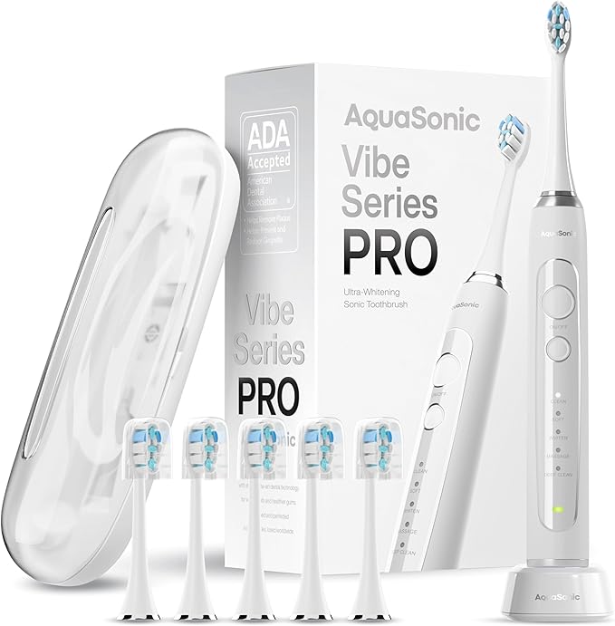 Aquasonic Vibe Series PRO – Ultra-Whitening Electric Toothbrush – 5 Modes & Smart Timers – Premium Travel Case & 6 Proflex Brush Heads – ADA Accepted Toothbrush (Optic White)