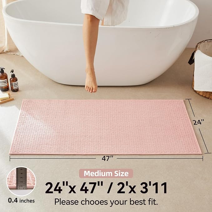 Triohero Bathroom Rugs Non Slip Washable, Super Absorbent Thin Bath Mat Quick Dry Low Pile Bathroom Rug, Pink 24"x47"