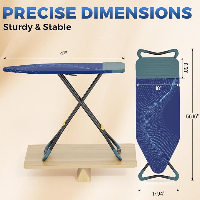 KINGBOARD 18x47 Extra Wide Ironing Board with Silicon Iron Mat, Blue | 18x47 Large Stand Ironing Board with Heat Resistant Cover, 4 Adjustable Heights Heavy Duty Leg 28" - 35" for Laundry Room