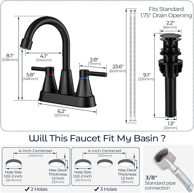 Bathroom Faucet 3 Hole Matte Black, 4 Inch Bathroom Sink Faucet Centerset with Pop Up Drain, Double Handle Vanity Faucet 3 Hole with 360° Swivel Spout, Rv Bathroom Sink Faucet
