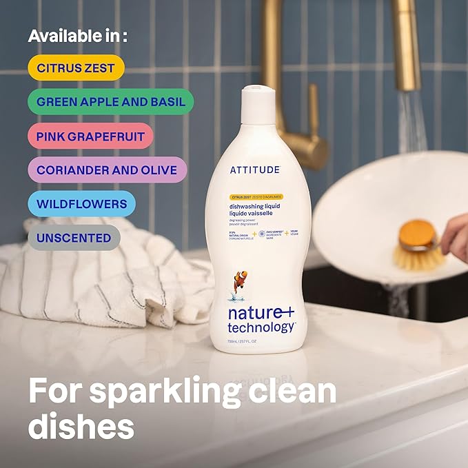 ATTITUDE Dish Soap, EWG Verified, Plant-Based & Vegan Dishwashing Liquid, Naturally Derived, Unscented, 23.7 Fl Oz (Pack of 3)