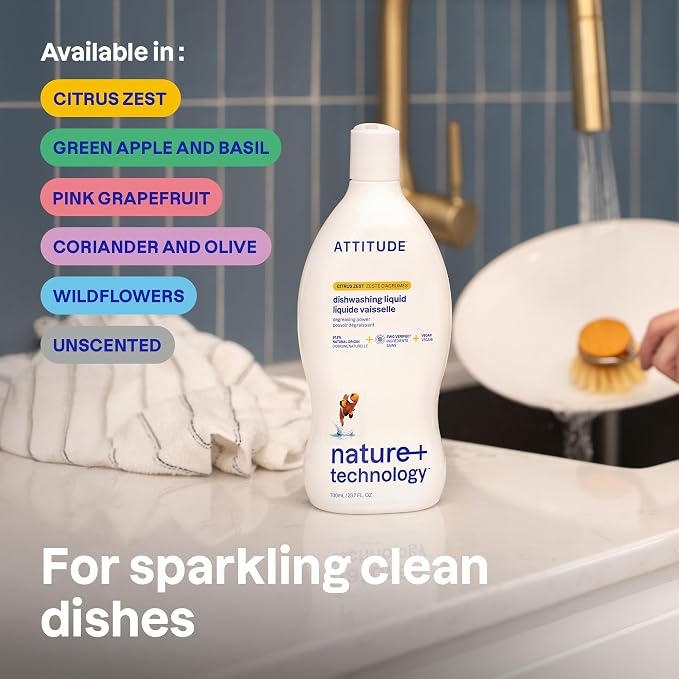 ATTITUDE Dish Soap, EWG Verified, Plant-Based & Vegan Dishwashing Liquid, Naturally Derived, Green Apple and Basil, 23.7 Fl Oz (Pack of 3)