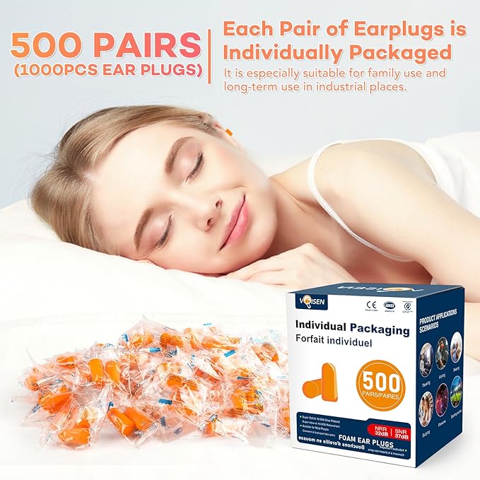 VOISEN Ear Plug,500 Pairs Ear Plugs for Sleeping,32dB NRR 37dB SNR Ear Plugs Noise Cancelling for Snoring, Studying, Loud Events, Traveling & Concerts, Individual Package