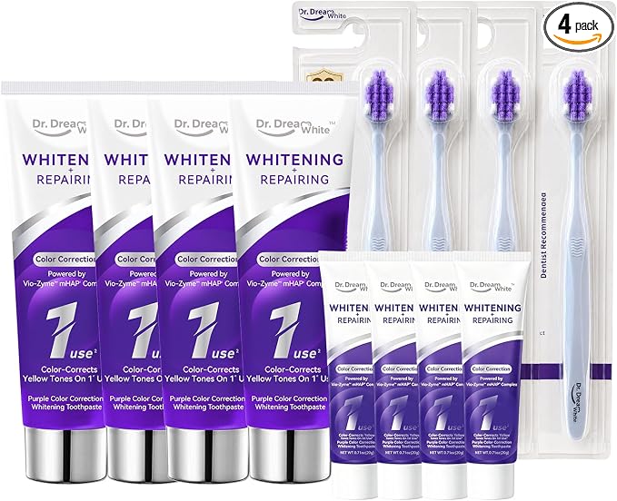 Dr.DreamWhite Purple Color Correction Whitening Toothpaste, 4oz, Pack of 2 | W/ 4 Toothbrushes & 4 Travel Samples - for Yellow & Sensitive Teeth VIO-Zyme mHAP Formula, Instantly Brightens, Fluoride-Free