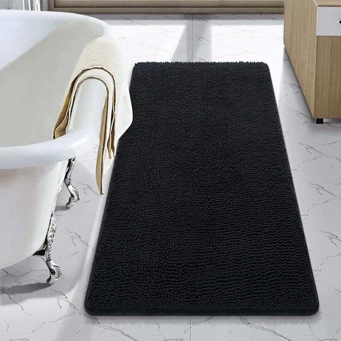 LOCHAS Luxury Bathroom Rug Shaggy Bath Mat 24 x 44 Inch, Black | Washable Non Slip Bath Rugs for Bathroom Shower, Soft Plush Chenille Absorbent Carpets