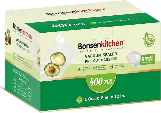 Bonsenkitchen Vacuum Sealer Bags, 8" x 12", 400 Quart Precut, VB14 | 400 Quart 8" x 12" Precut Food Sealer Bags, Customized Size Vacuum Bags for Vac Storage, Meal Prep or Sous Vide Cooking