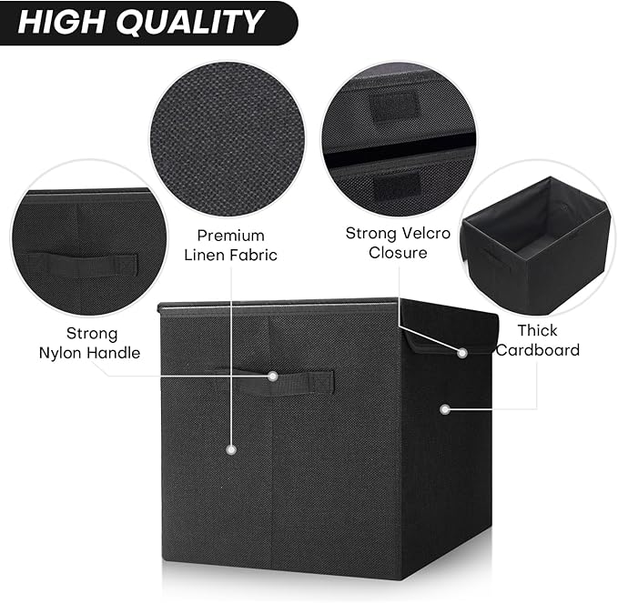 Bagnizer Large 22 Quart Linen Fabric Foldable Storage Bin Cube Organizer Basket with Flip-Top Lid & Handles, Clothes Blanket Box for Home, Office, Closet, Black, 4 Pack 14.6 x 9.5 x 9.5”