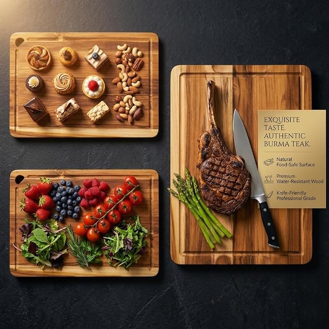 24”×18” Teak Wood Cutting Board for Kitchen, Knife-Friendly Chopping Boards with Juice Grooves & Storage Stand, Heavy Duty Wooden Boards for Meat, Fruit & Cheese, Ideal Housewarming Gift