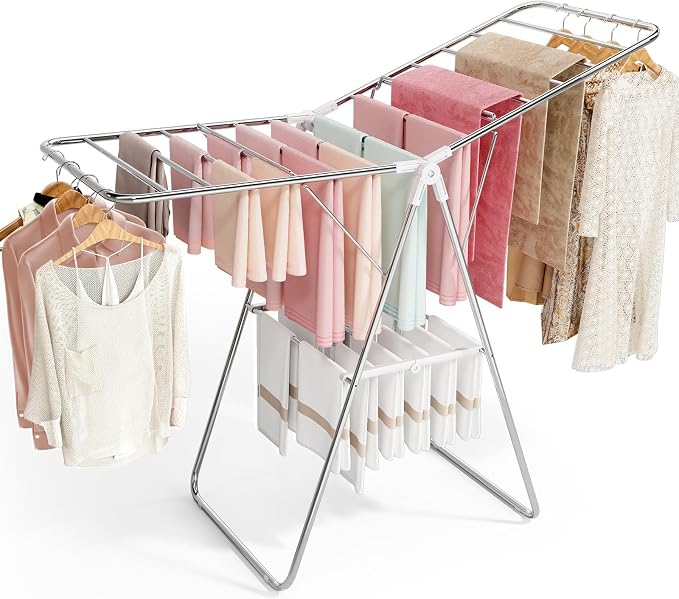 APEXCHASER Clothes Drying Rack, Stainless Steel Drying Rack Clothing with Height-Adjustable, Foldable Gullwings Laundry Drying Rack, Indoor Outdoor Use, No Assembly, White