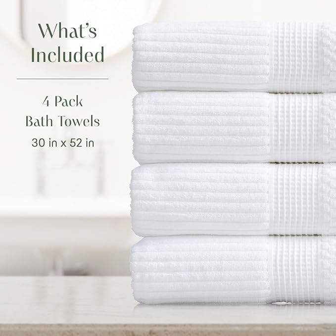 Springtree Home 100% Cotton Bath Towel Set | 4-Pack | Textured | White | Absorbent & Quick-Dry Bathroom Towels | Textured and Durable Cotton Towels for Bathroom | OEKO-TEX | Krista Collection