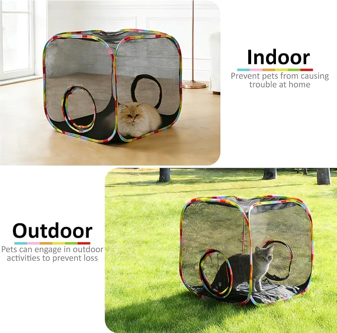 24"×24"×24" Pop-Up Cat Cube Enclosure, 210D Oxford Escape-Proof Mesh Playpen for Cats Rabbits Guinea Pigs Ferrets, Collapsible Outdoor Indoor Cat Tent, Quick Setup, Expandable System