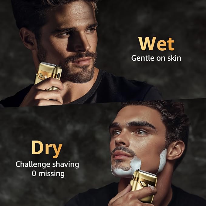 Mbzoey Electric Foil Shavers for Men: IPX7 Waterproof - Light Gold | Mini Razor for Travel- Face Shaver with LED Display & USB-C Fast Charge - Micro-Comb Technology & Precision Blades