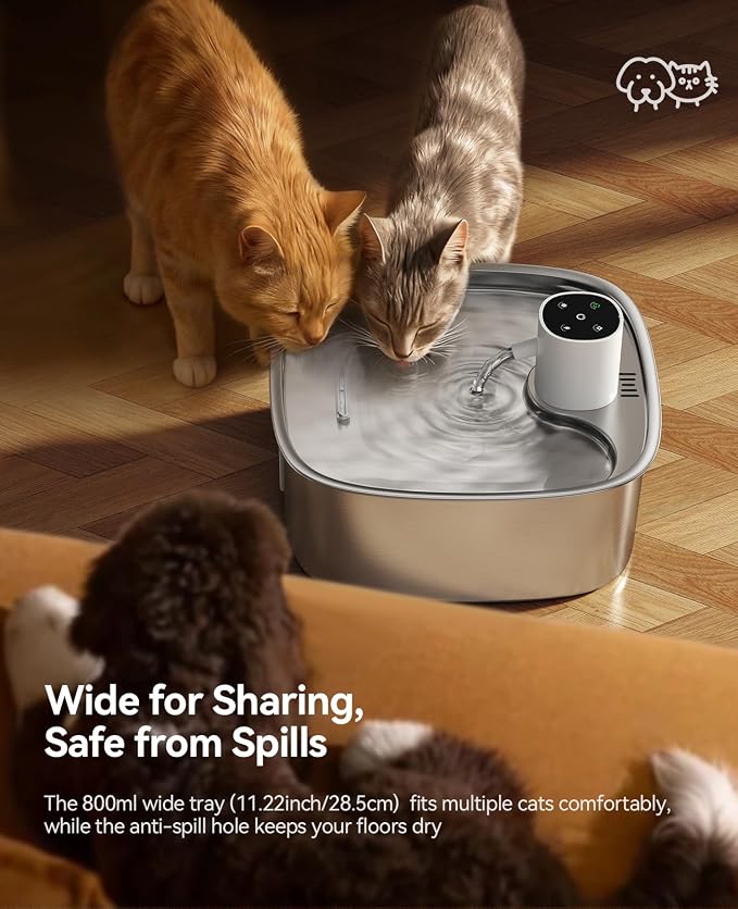 Cordless Wider Tray Dog Water Fountain, 5000mAh Battery Operated Dog Water Bowl Dispenser with 3 Motion Sensor, FEELNEEDY Stainless Steel Pet Water Fountain for Multi-Pets, Easy Setup & Clean, 8L