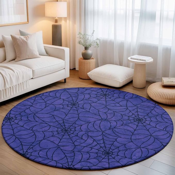 Round Area Rug 6', Navy Blue Halloween Washable Area Rugs for Living Room Kitchen Bedroom Nursery Dining Room, Black Spiders Net Classic Gingham Non Slip Door Mat Indoor Floor Throw Circle Carpet