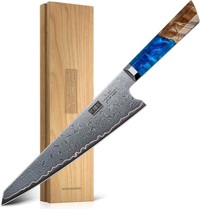 HOSHANHO 8" Damascus Chef Knife, 67-Layer Damascus Steel Kitchen Knife | Ultra Sharp Japanese Cooking Knives, Ergonomic Blue Resin Stabilized Wood Handle with Wood Gift Box