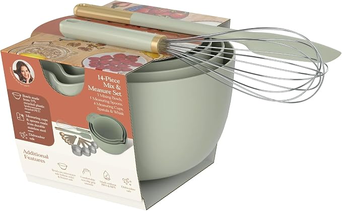 14 Piece Mixing Bowl and Measuring Set, Nesting Kitchen Prep Set with Measuring Cups Spoons Whisk Spatula, BPA Free Dishwasher Safe Baking Set (Sage Green)