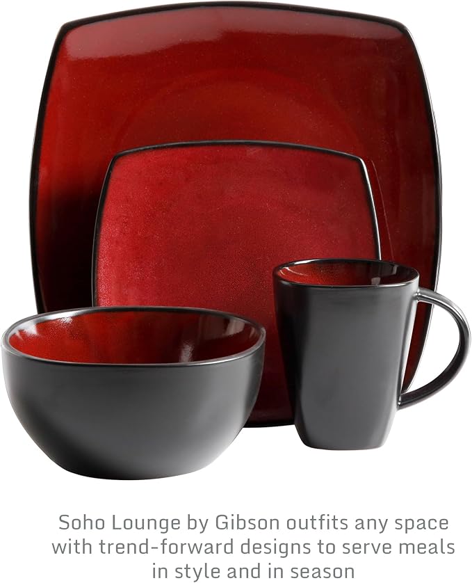 Gibson Elite Soho Lounge Square 16-Piece Dinnerware Set, Service for 4, Reactive Glaze Stoneware Plates and Bowls, Modern Dishes, Microwave & Dishwasher Safe – Red and Black