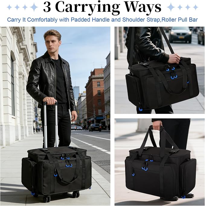 Rolling Dj Cable Bag with Laptop and Microphone Pocket, Dj Bag for Equipment and Music Accessories with Detachable Dividers, Bottom Pad, Dj Gig Bags for Musicians, Professional, Travel, Blue