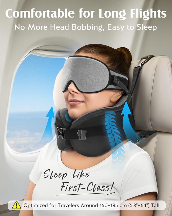 YFONG Travel Pillow for Long Flight Airplane, Head Strap Combo with 3D Contoured Sleep Eye Mask, Neck Pillow for Travel Essential, 360° Support Memory Foam Headrest, Prevent Bobbing, Drawstrap - Grey