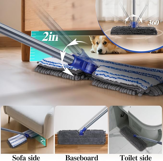 Two Sided Dust Mop Floor Cleaning System, MASTERTOP 360 Microfiber Mop with Stainless Steel Handle,Wet Dry Mop,Flat Flip Mops for Hardwood, Laminate, Vinyl, Tiles,4 Washable Mops Pads