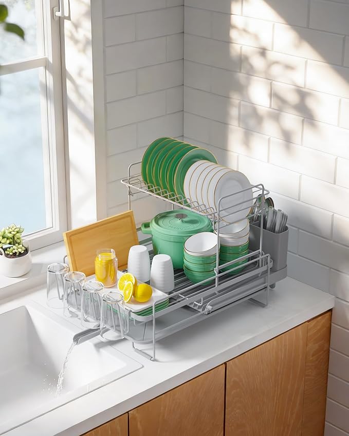 Kitsure Large Dish Drying Rack - Extendable Dish Rack, Multifunctional Dish Rack for Kitchen Counter, Anti-Rust Dish Drainers with Cutlery & Cup Holders 19.2"-26.7" L x 12.9" W x 13.6", Grey