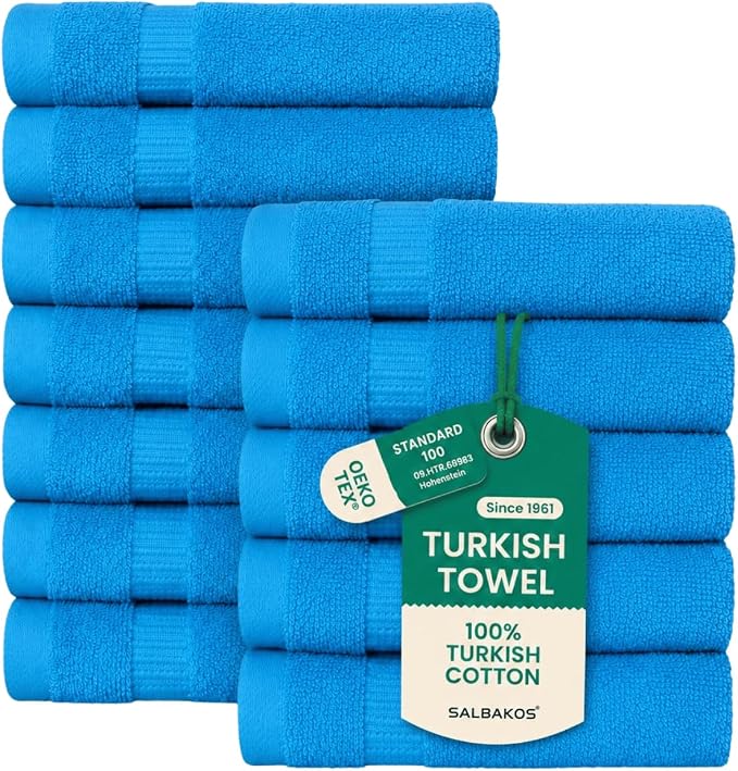 SALBAKOS 12-Piece 100% Turkish Cotton Washcloths and Face Towels, Aqua | 13x13 in Standard Size Small Towel, Multi-use Bathroom & Kitchen, Thick Super Soft Absorbent Durable, Oeko-Tex Made in Turkey