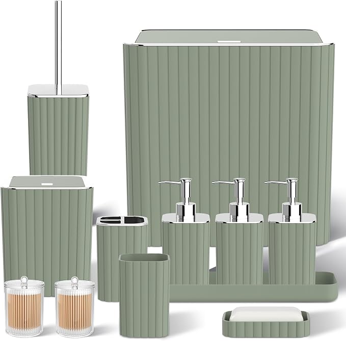 Bathroom Accessory Set - Sage Green Bathroom Set, 12PC Bathroom Accessories Set, Mini Trash Can, Toilet Brush, Trash Can & Soap Dispenser