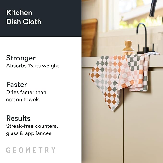 GEOMETRY Kitchen Dish Cloths - Quick Dry Dishcloths for Kitchen - Premium Dish Rags with Geoweave - 3-Pieces Autumn Checkers