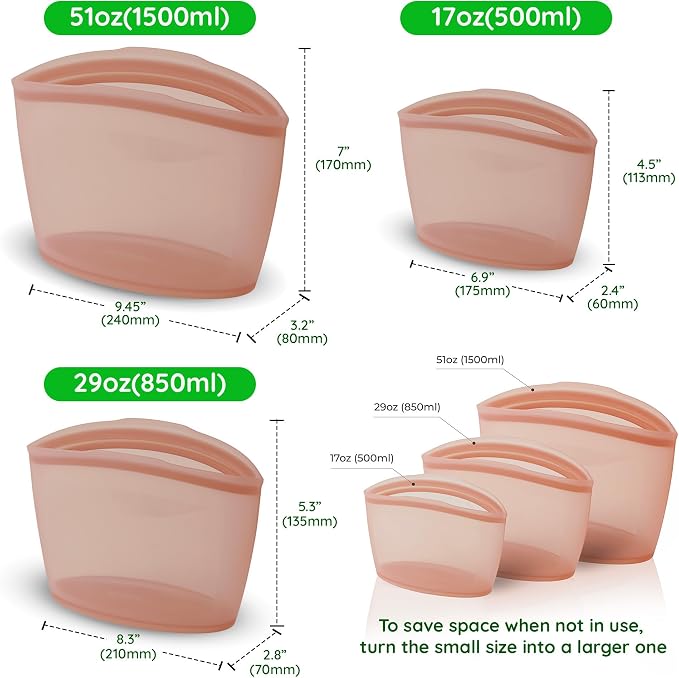 Reusable Silicone Food Storage Bags, 3-Pack Variety Set (2, 3.5, 6 Cups), Made in Korea BPA-Free Silicone, Triple-Airtight Freezer Bags, Microwave Safe, Sous Vide, Zip Lock Pouch, Dry Rose