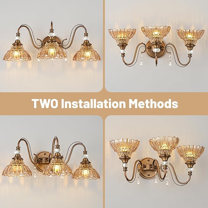 Vintage Bathroom Vanity Light, 3-Light Matte Antique Brass Finish Wall Sconce with Hanging Crystal Accents and Flower-Shaped Amber Glass Shades, Retro Wall Mount Vanity Light Over Mirror for Bathroom