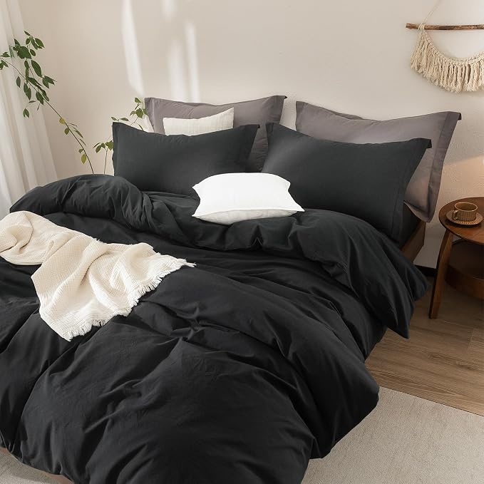 Black Duvet Cover King Size 100% Washed Cotton Bedding Set Cover 1 Duvet Cover with Zipper Closure and 2 Pillowcases, 104inch x 90inch