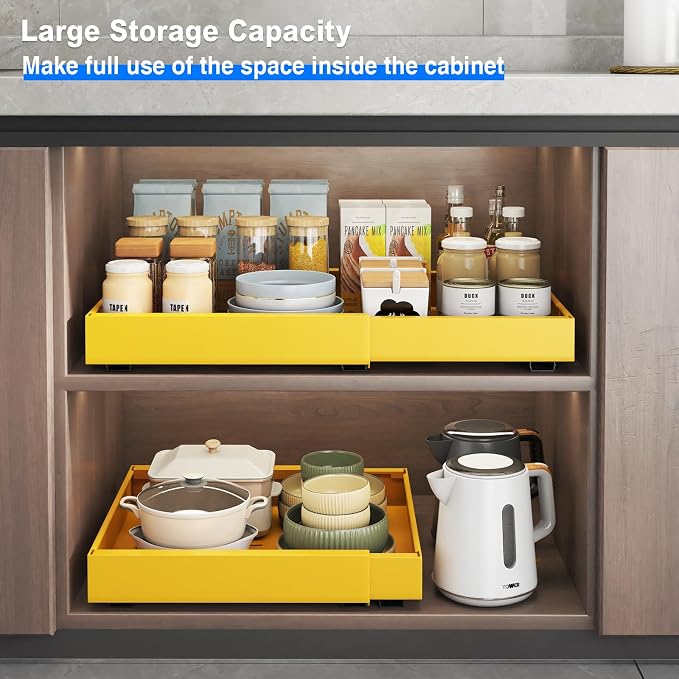 Mustorn 2 Pack Pull Out Cabinet Organizer, Expandable Slide Out Drawers for Kitchen Cabinets Peel and Stick Pullout Drawer Heavy Duty Sliding Shelves for Cupboard, Pantry, Bathroom(16.5" Deep, Yellow)