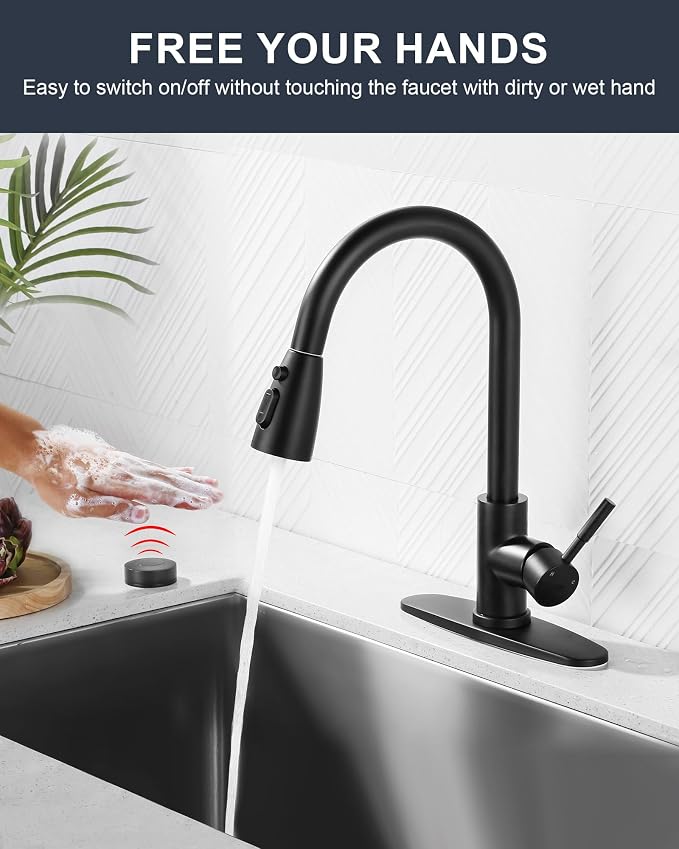 Touchless Kitchen Faucet Stainless Steel: WOWOW Mobile Motion Sensor Kitchen Sink Faucet with Sprayer, Automatic Smart Kitchen Faucet for Sink 1 or 3 Hole, Matte Black