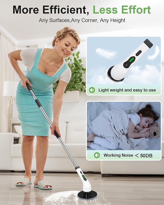 Cordless Electric Spin Scrubber, 9 Brush Heads, 2-Speed Motor | Floor cleaning, bathroom scrubber, tile floor scrubber, extension arm, IPX7 waterproof, tub, sink, grout, wet- dry vacuum