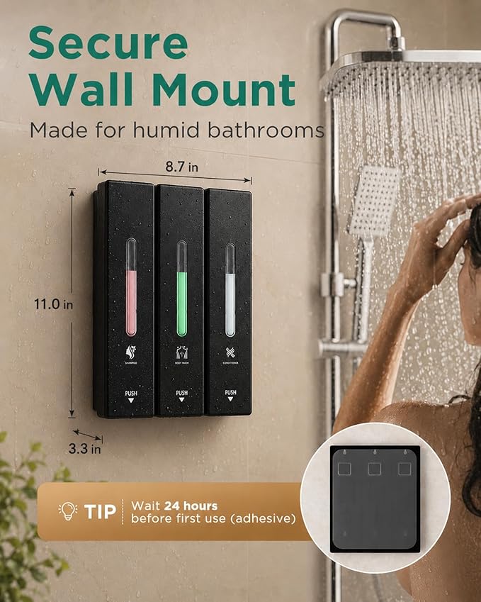 Shampoo and Conditioner Dispenser Wall Mounted, 3-Chamber Shower Soap Dispenser for Bathroom, 1200ML Large Capacity, No-Drill Installation, Clog-Free Pump for Thick Liquids (black-3-pack)