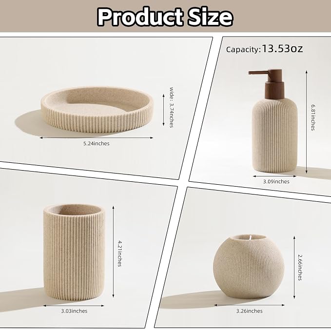 Bathroom Accessories Set, 5 PCS Modern Bath Organizer, Beige | Sandstone Look, Stripe,13.53 OZ Soap Dispenser,Toothbrush Holder,Tumbler,Soap Dish,Candle Holder for Countertop Kitchen Sink