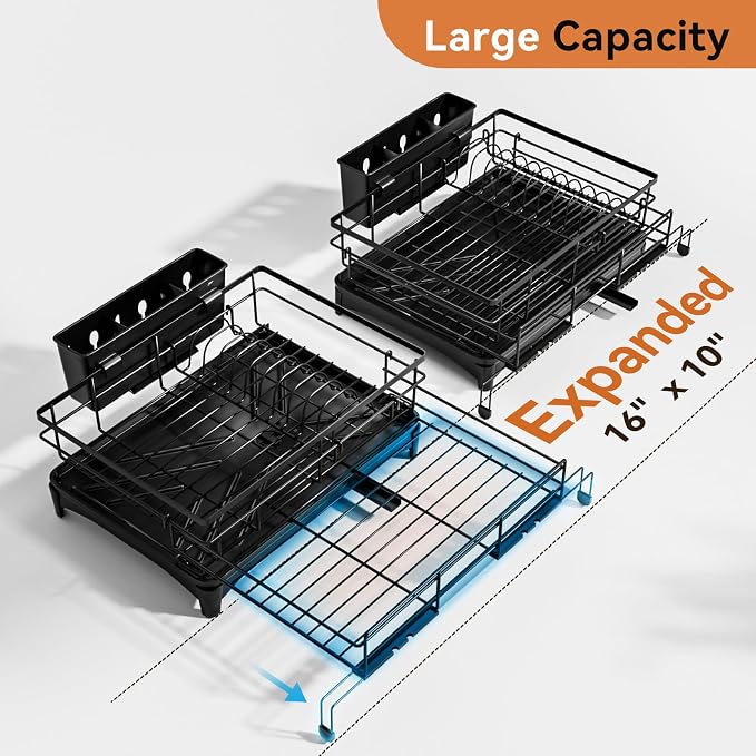 Laveshop Dish Drying Rack - Expandable Rack, Large Capacity Dish Drainer for Kitchen Counter, Rust-Proof with Utensil Holder, Black