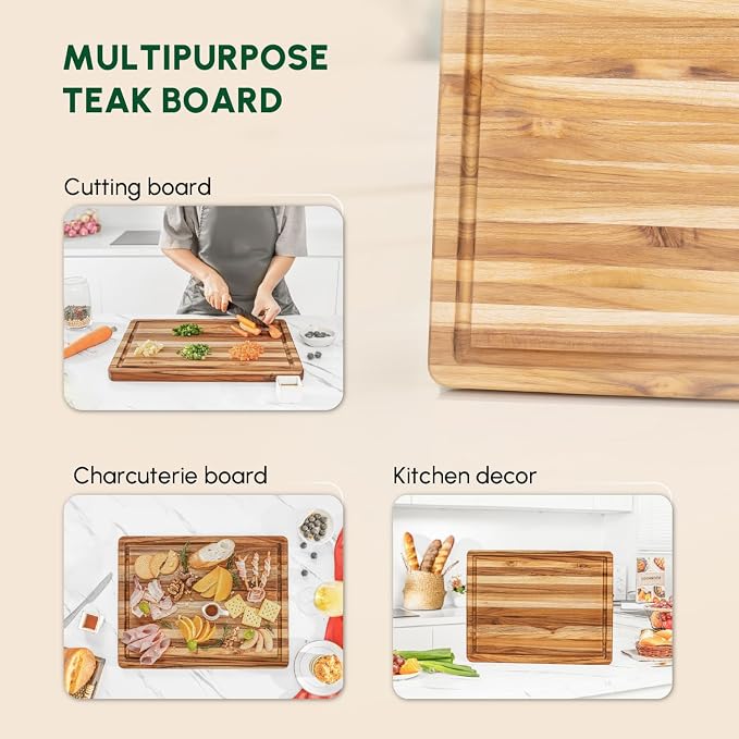 Teak Wood Cutting Board with Juice Groove (18x14x1", S) | Durable wooden cutting board for kitchen, heavy-duty butcher block, serving board, charcuterie platter. Gift box included