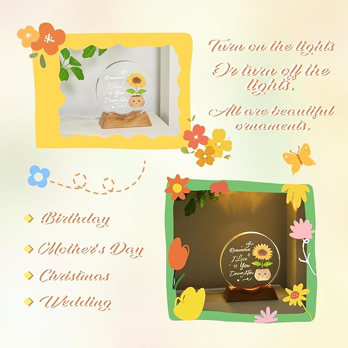 ZHSHWAT Daughter Gifts-LED Crystal Sunflower Night Light with Remember I Love You Text, Perfect for Birthday, Christmas and Special Days