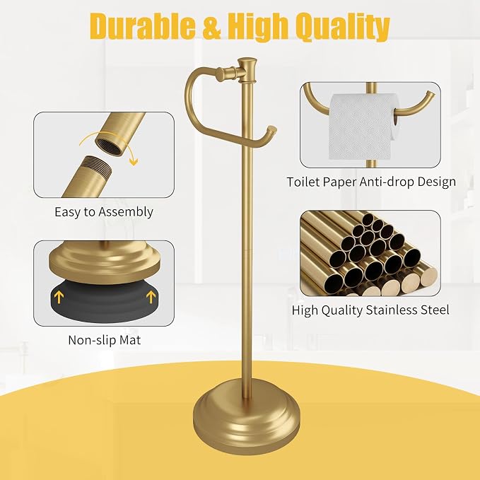 BESy Toilet Paper Holder Free Standing Bathroom Toilet Tissue Holder Stand for Floor Toilet Paper Roll Holder with Storage Hardware Accessories Rack Hand Towel Bar Brushed Gold Stainless Steel