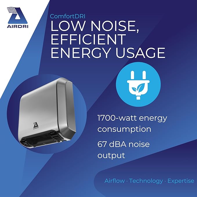 ComfortDRI Automatic Warm Air Hand Dryer - 1.7kW Low Noise Motor - 15-Second Dry Time - 67dBA Noise Output - ADA Compliant - Ideal for Small Workplaces - Stainless Steel