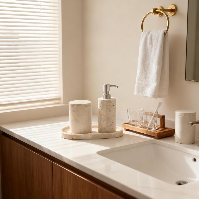 Natural Travertine Marble Soap Dispenser with Stainless Steel Pump, Marble Lotion Liquid Soap Bottles for Kitchen Bathroom