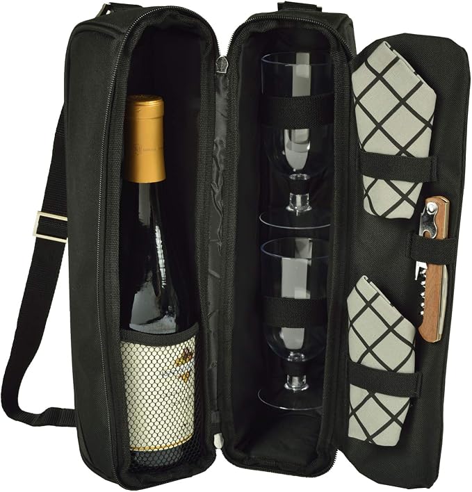 Picnic at Ascot Insulated Wine Tote with 2 Wine Glasses, Napkins and Corkscrew -Designed & Assembled in the USA