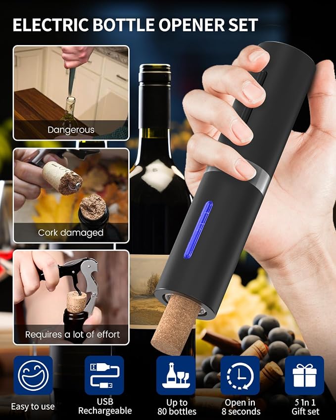 CIRCLE JOY Electric Wine Bottle Opener Set Rechargeable Wine Corkscrew Cordless Wine Set with Charging Base, Foil Cutter, Wine Aerator Pourer and Wine Stopper, Black