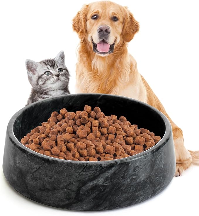 SAMAH Black Marble Dog Bowl, Non-Slip Non-Tipping Heavy Dog Food Bowl, Large Weighted Stone Dish, Natural Marble Dog Water Bowl, Easy to Clean, Gifts for Cat & Dog Lovers, Holds 6 Cups(6 lbs)
