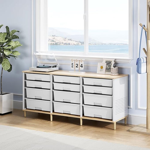 12 Drawers Storage Cabinet with Wooden Top and Plastic Bins, Toy Shelf Storage Chest Cubby Organizer for Home, Office, Playroom, Classroom & Craft Room Storage (White)
