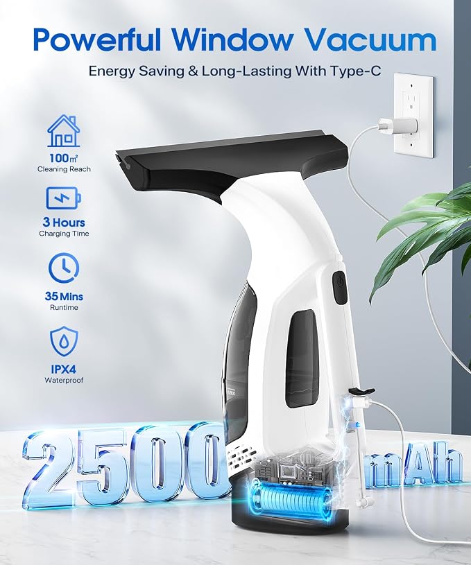 Window Vacuum Squeegee Cordless, 3-in-1 Electric Window Cleaner Tool with Spray & Microfiber Pad, Streak-Free 2200Pa Suction for Glass, Shower Doors, Mirrors, Tiles and Car Windows