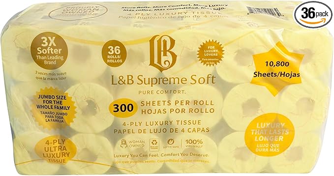 L&B Supreme Soft Toilet Paper, 4-Ply Premium, Jumbo Pack, 36 Mega Rolls = 72 Regular Rolls, 300 Sheets per Roll, Extra Thick, Individually Wrapped, Septic Safe